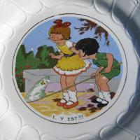 Ancienne assiette a dessert decor d enfants dv sarreguemines intitulee 1 y est 3